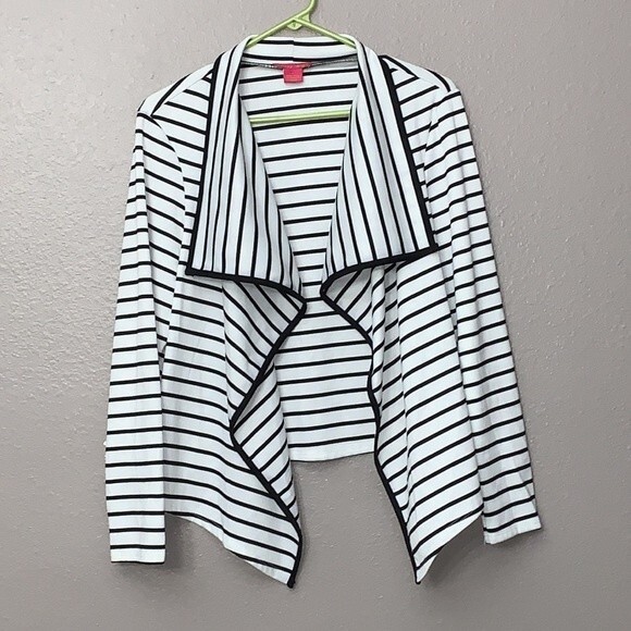 Sunny Leigh Black and White Striped open front  Drape Cardigan Large - Picture 2 of 10